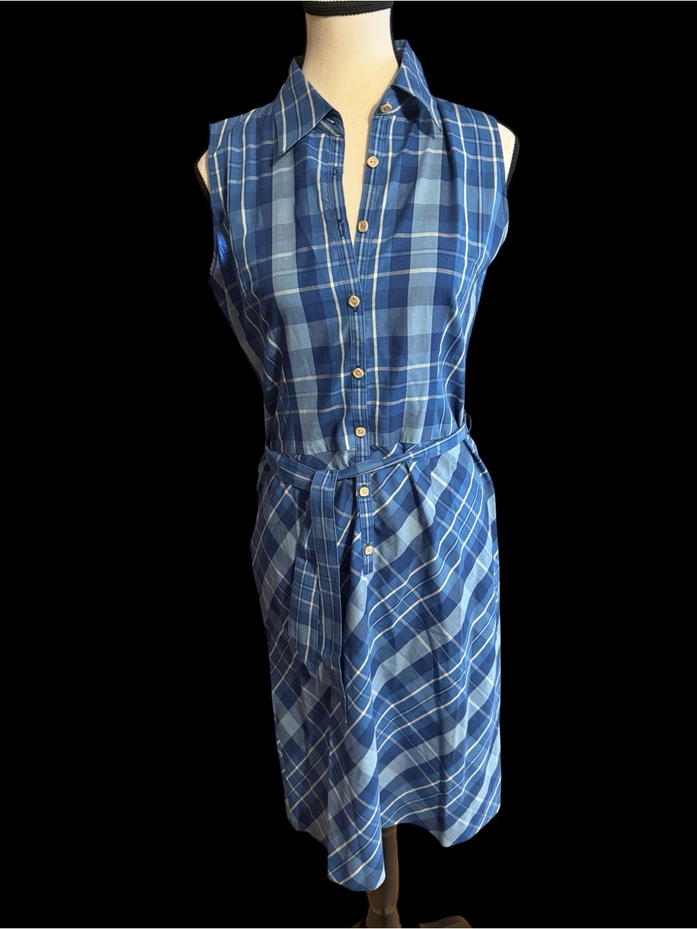 Sleeveless Blue Plaid Asymmetrical Shirt Dress with Tie Waist